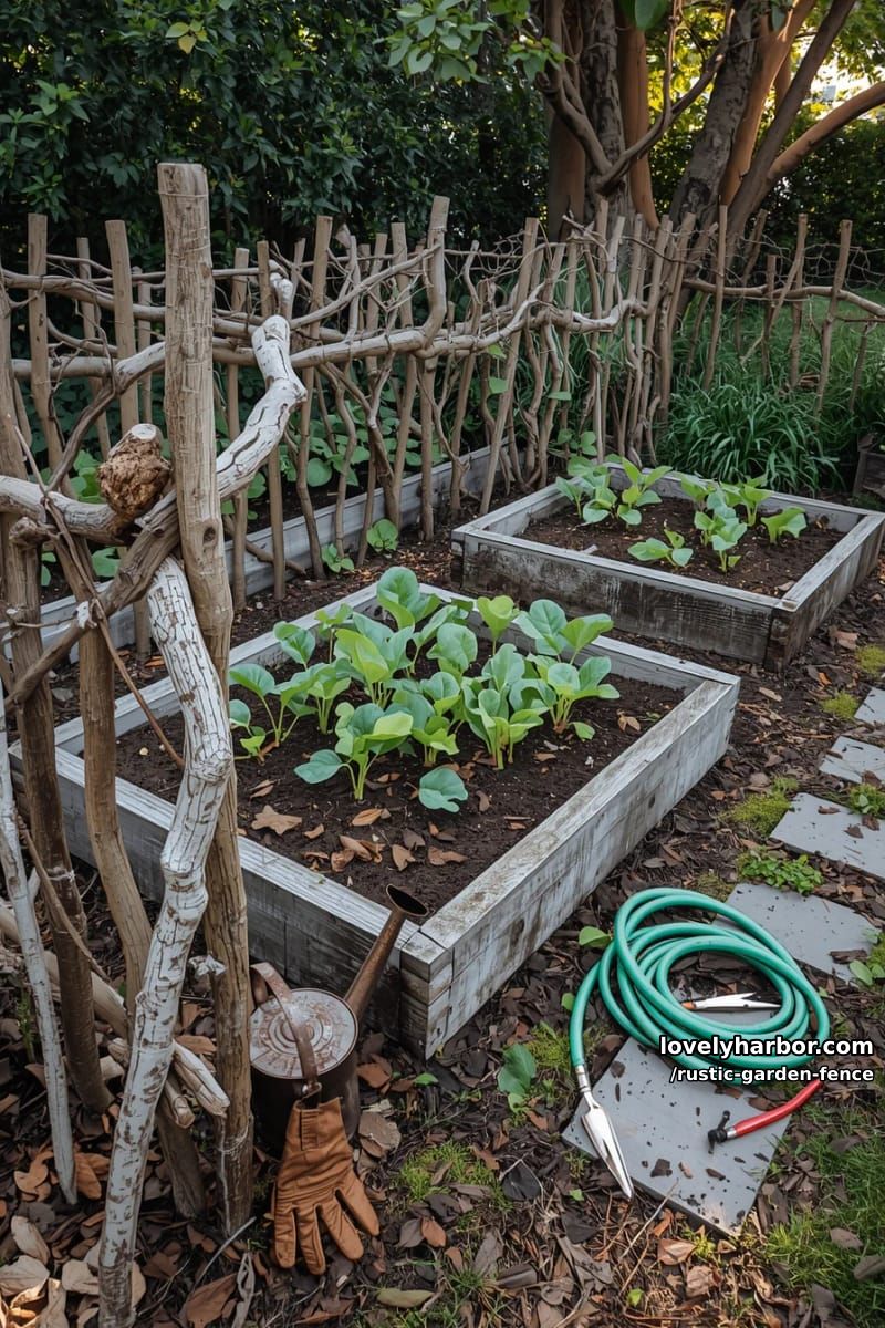 organic branch fence enclosing raised beds with garden accessories. 1