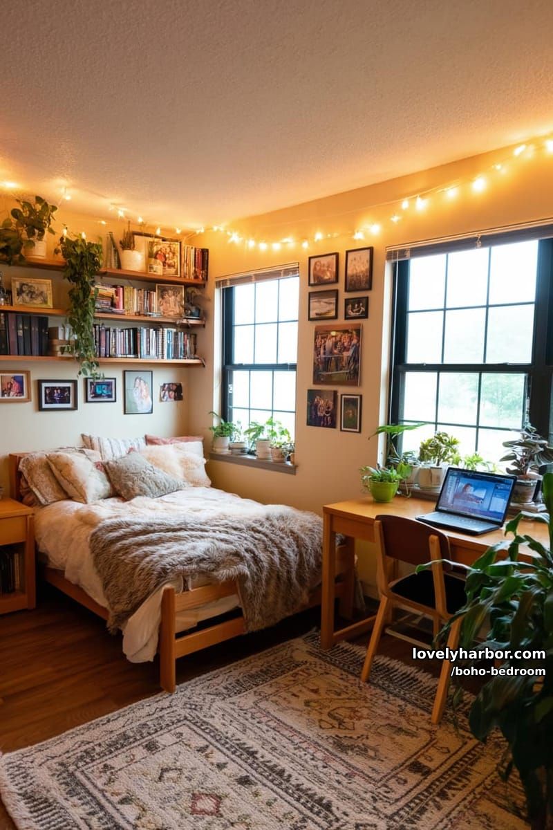 organized bedroom with floating bookshelves, gallery wall, and lots of plants. 1
