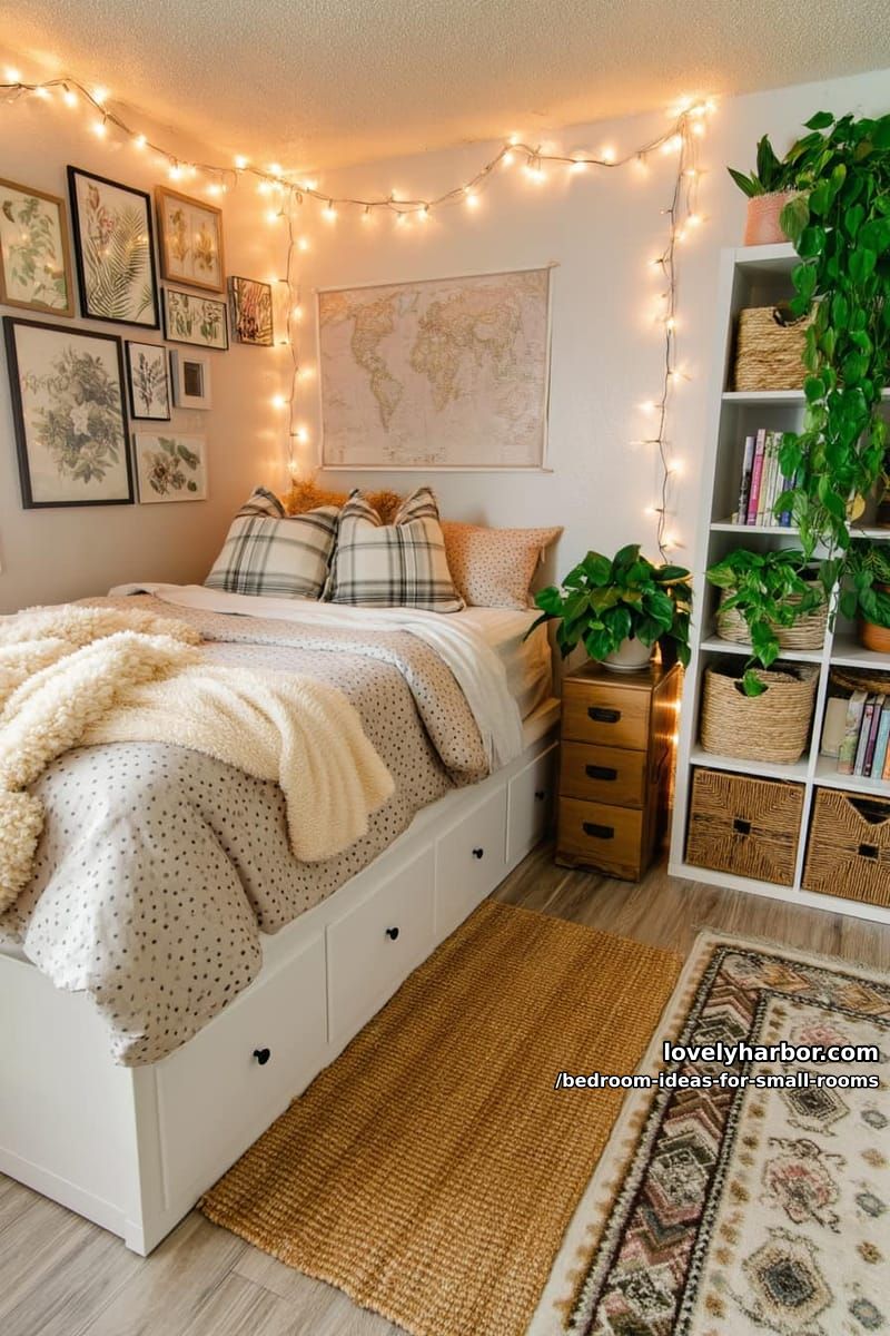 organized bedroom with platform bed, botanical gallery wall, and string lights. 1