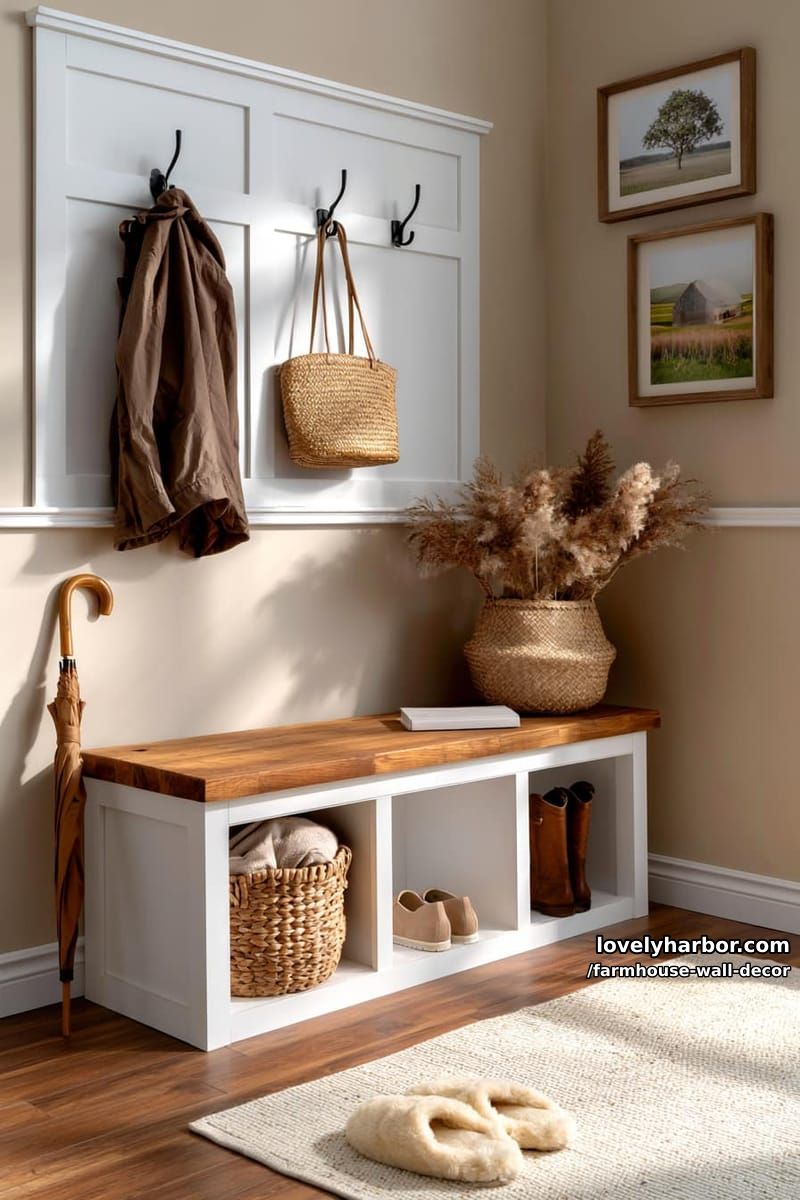 organized entryway with hooks, bench, woven baskets, and neutral decor. 1