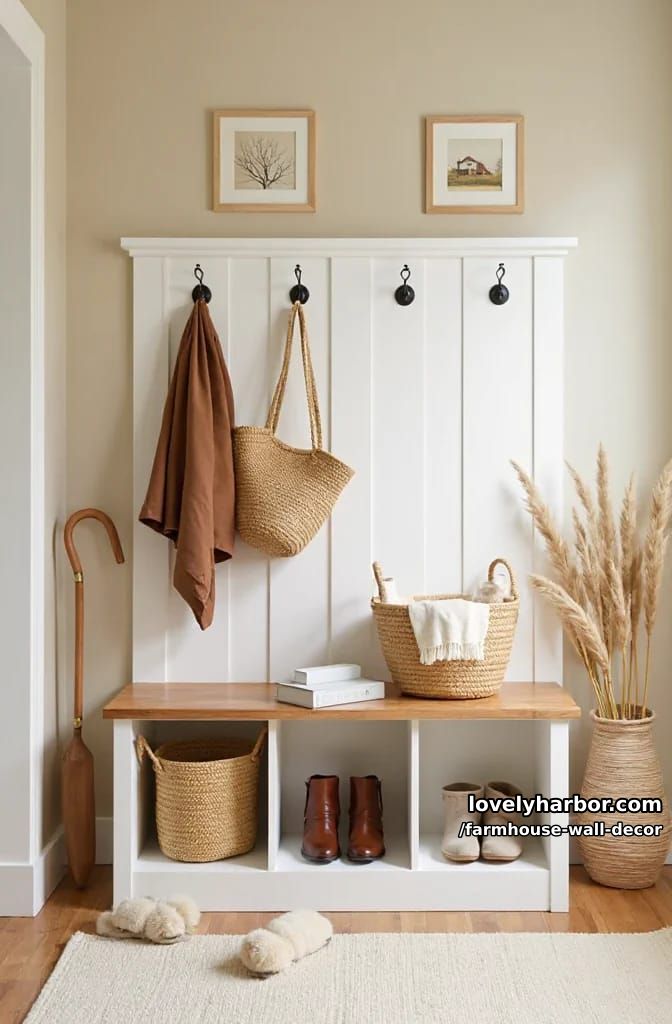 organized entryway with hooks, bench, woven baskets, and neutral decor. 1