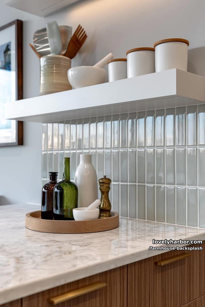 organized modern kitchen with white marble counters and floating shelves. 1