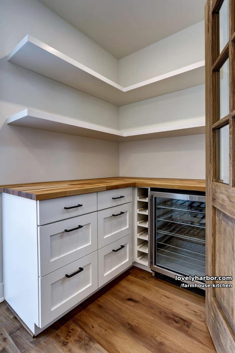 organized pantry with white shelves, butcher block, and built-in wine rack. 1