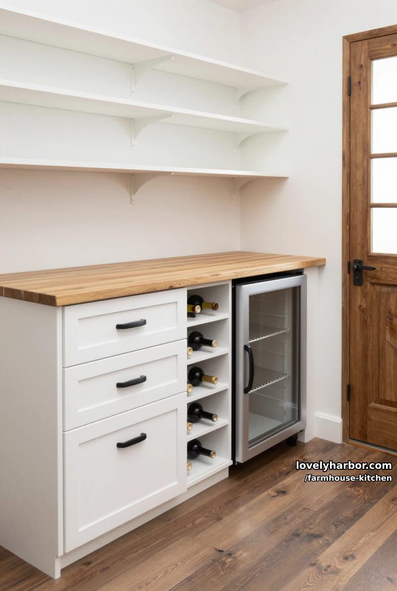 organized pantry with white shelves, butcher block, and built-in wine rack. 1