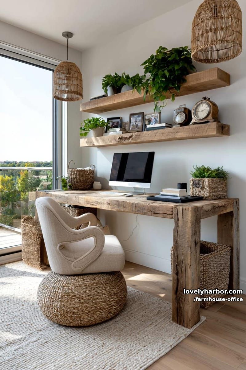 organized workspace with rustic desk, floating shelves, woven baskets, and natural daylight. 1
