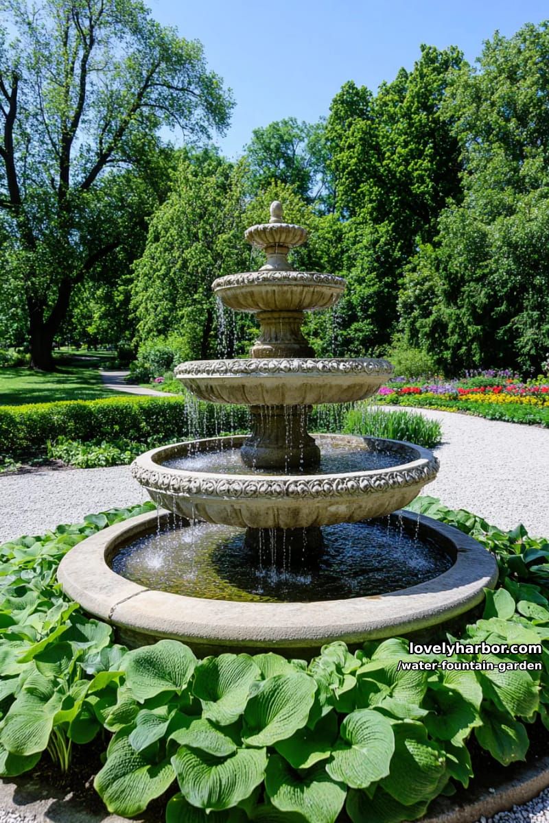 ornate carved stone tiered fountain with hostas and colorful flower beds. 1