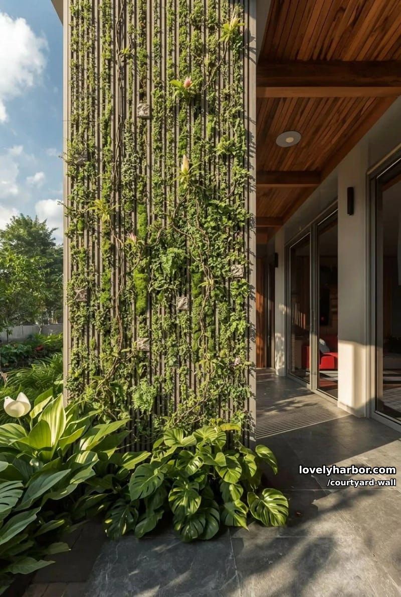 outdoor area with vertical concrete slat wall and intertwined tropical plants 1