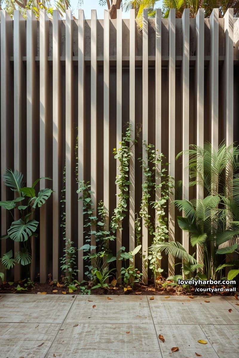 outdoor area with vertical concrete slat wall and intertwined tropical plants 1