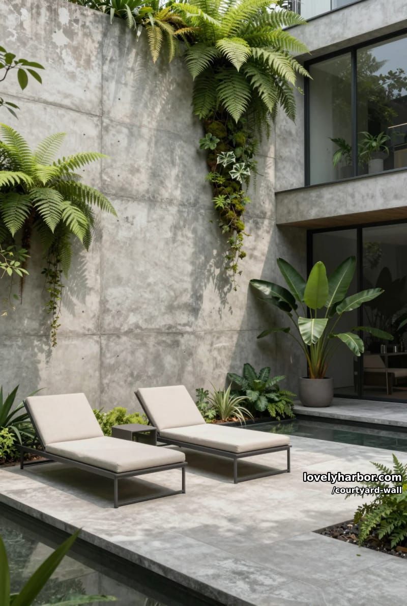outdoor courtyard with textured concrete wall, greenery, and reflecting pool 1