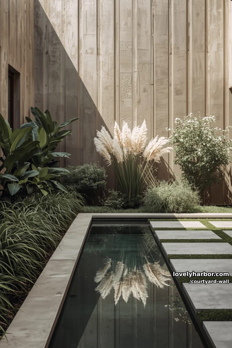 outdoor courtyard with textured concrete wall, greenery, and reflecting pool 1