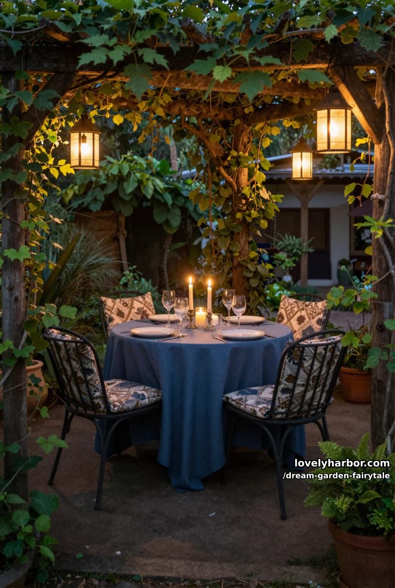 outdoor dining area with lanterns and string lights in lush secluded garden 1