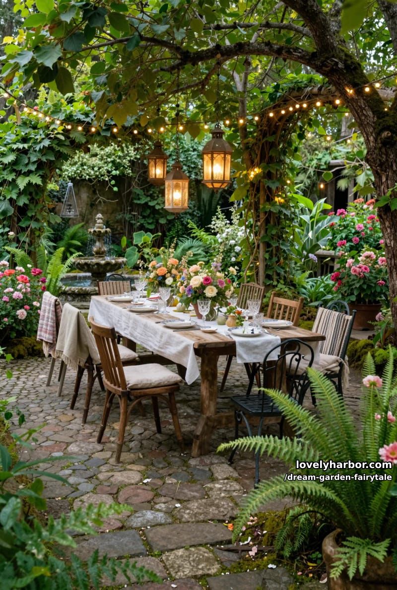 outdoor dining area with lanterns and string lights in lush secluded garden 1