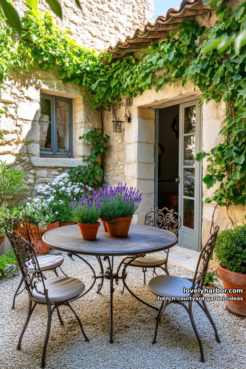 outdoor garden with wrought iron table, lavender pots, and rustic stone wall. 1