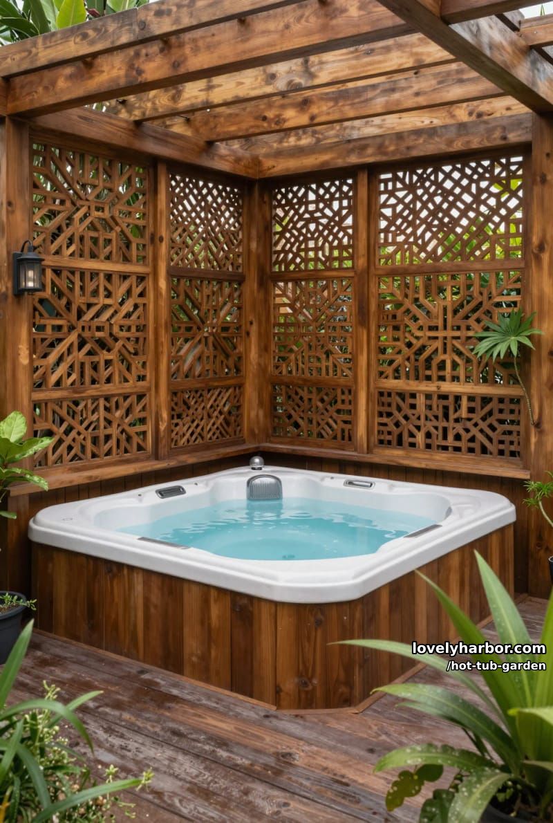 outdoor hot tub with latticed wood privacy panels and pergola. 1