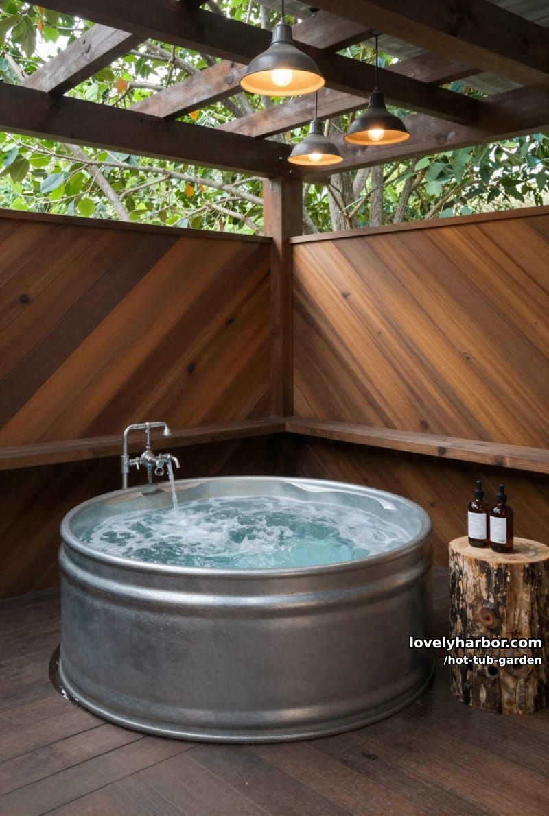 outdoor metal jacuzzi on wooden deck with industrial pendant lights. 1
