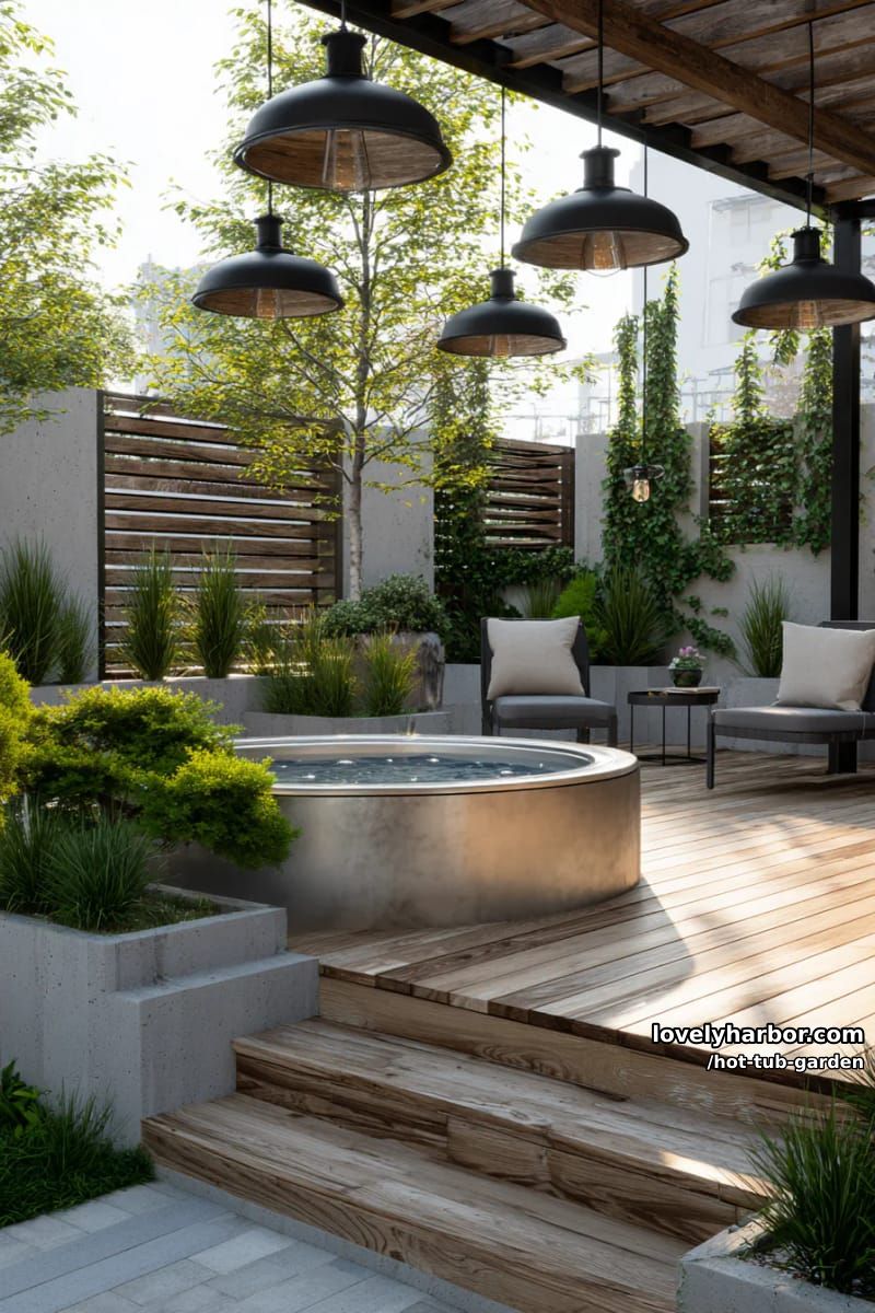 outdoor metal jacuzzi on wooden deck with industrial pendant lights. 1