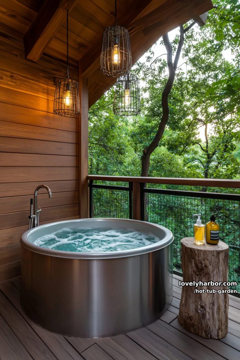 outdoor metal jacuzzi on wooden deck with industrial pendant lights. 1