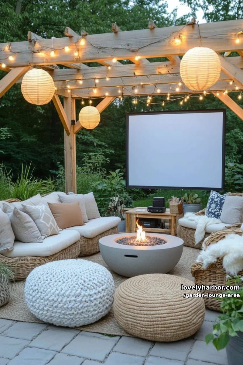 outdoor movie night under pergola with fairy lights and fire pit 1