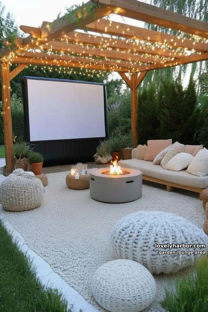 outdoor movie night under pergola with fairy lights and fire pit 1