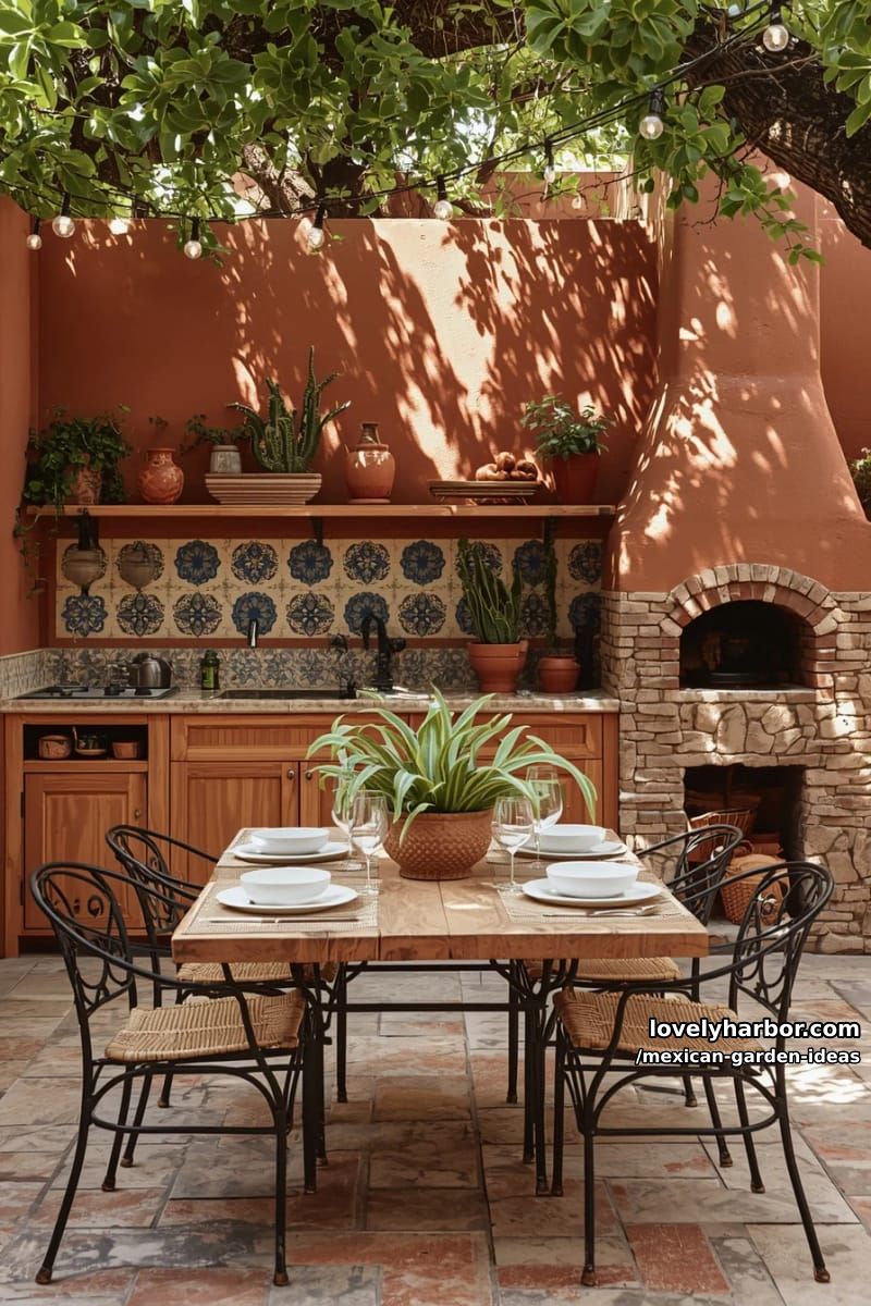 outdoor patio kitchen with terracotta walls, tiled backsplash, and potted greenery. 1