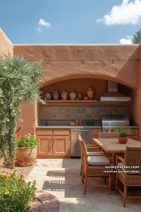 outdoor patio kitchen with terracotta walls, tiled backsplash, and potted greenery. 41