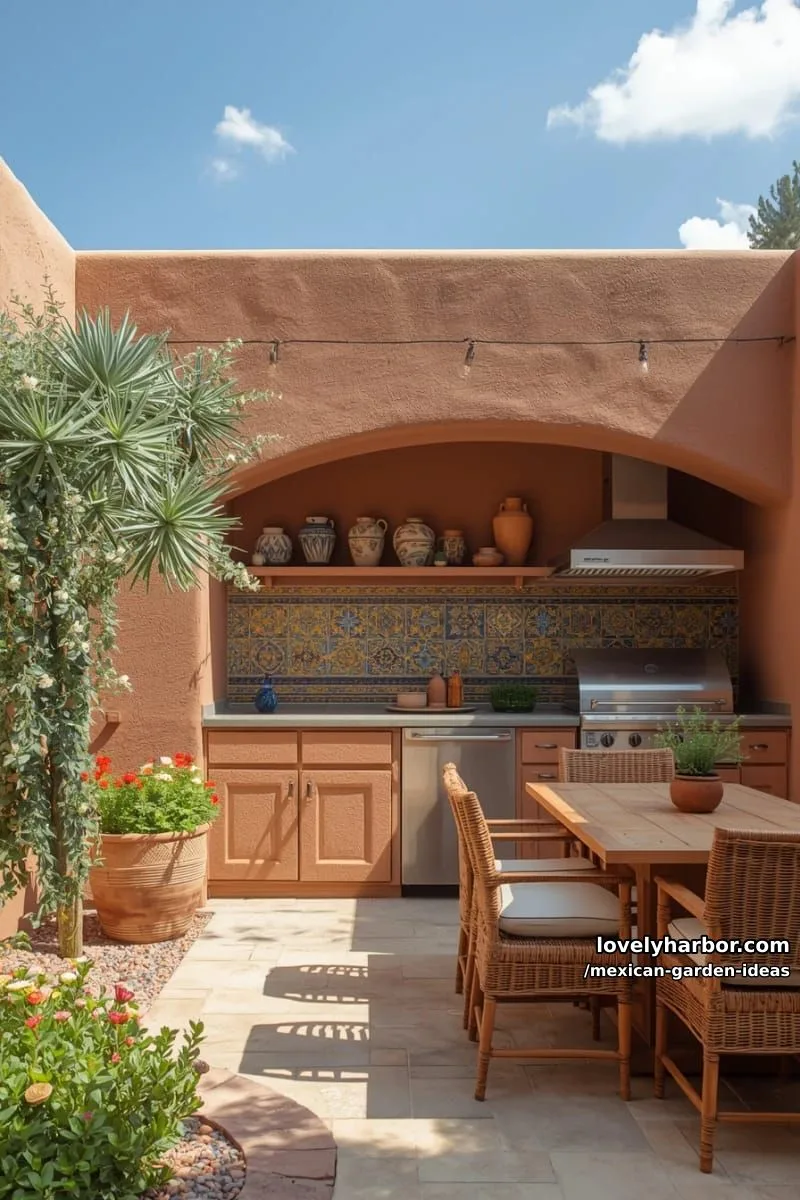 outdoor patio kitchen with terracotta walls, tiled backsplash, and potted greenery. 1