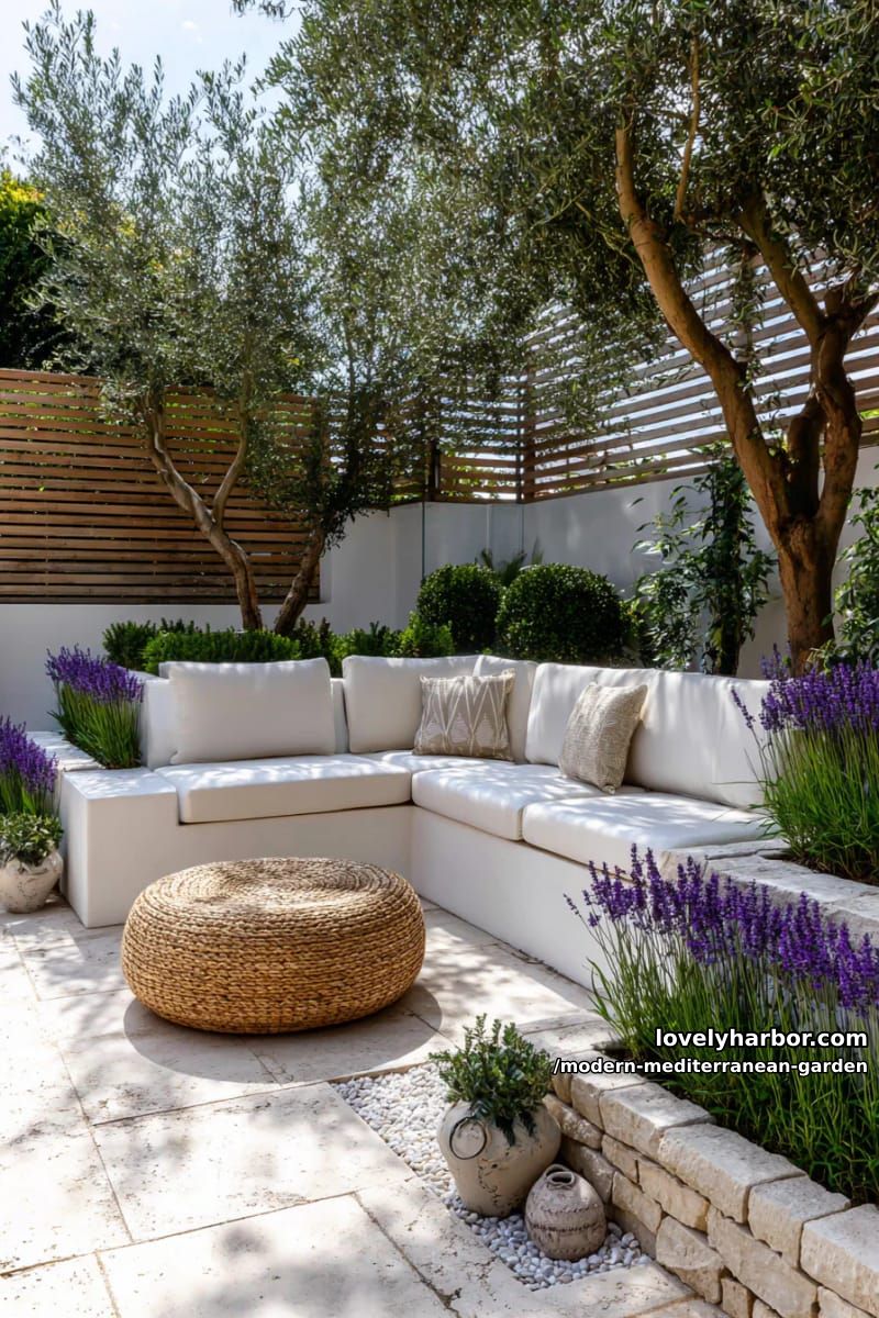 outdoor patio with white sofa, olive trees, lavender planters, rattan ottoman, and privacy fence. 1