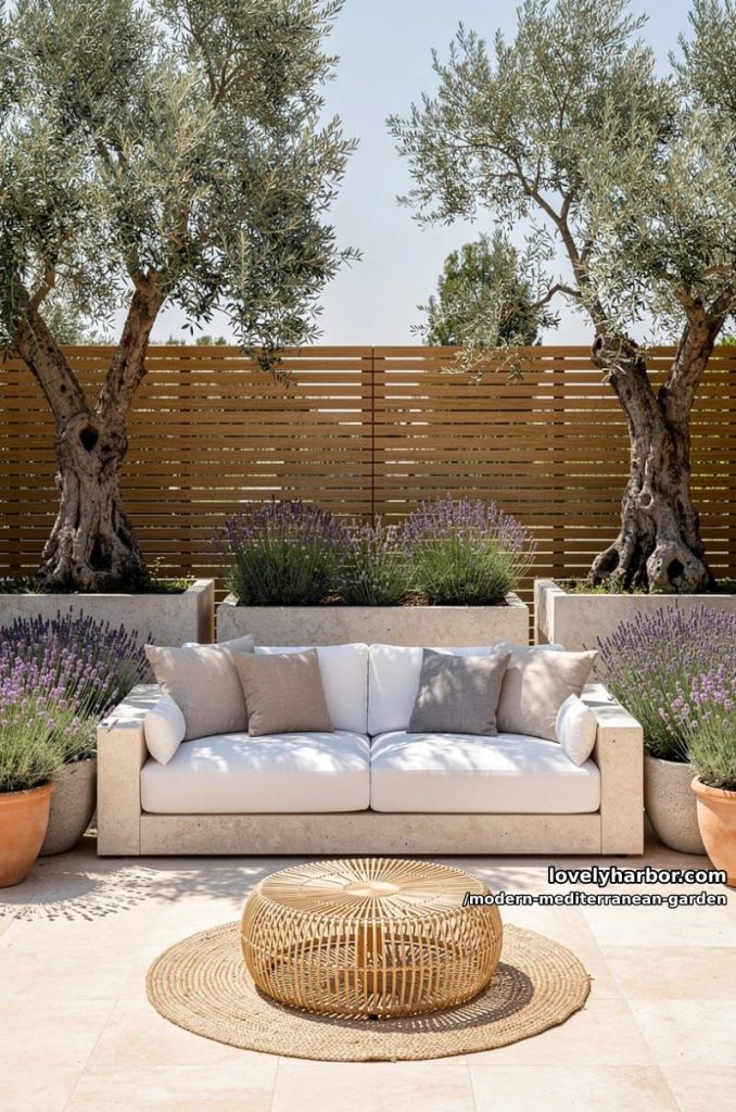 outdoor patio with white sofa, olive trees, lavender planters, rattan ottoman, and privacy fence. 42