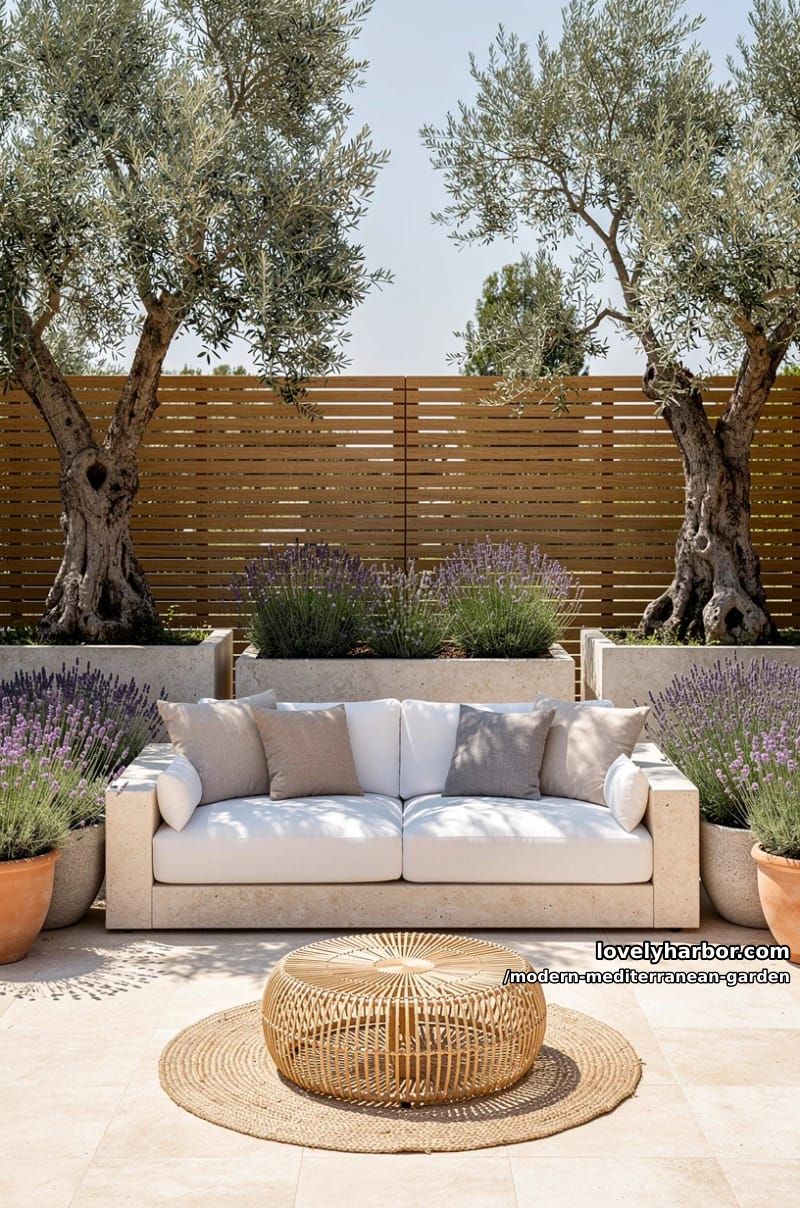outdoor patio with white sofa, olive trees, lavender planters, rattan ottoman, and privacy fence. 1
