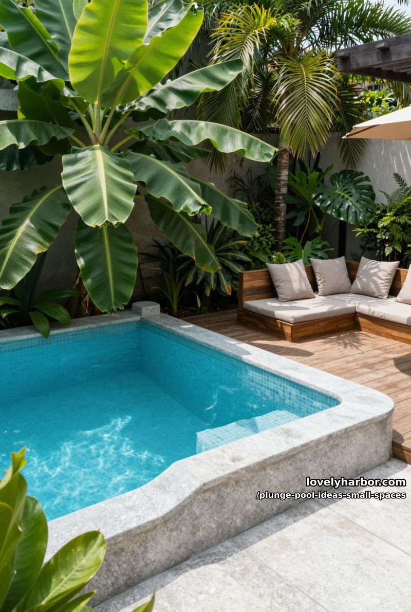 outdoor plunge pool with stone edge, tropical plants, and wooden deck seating. 1