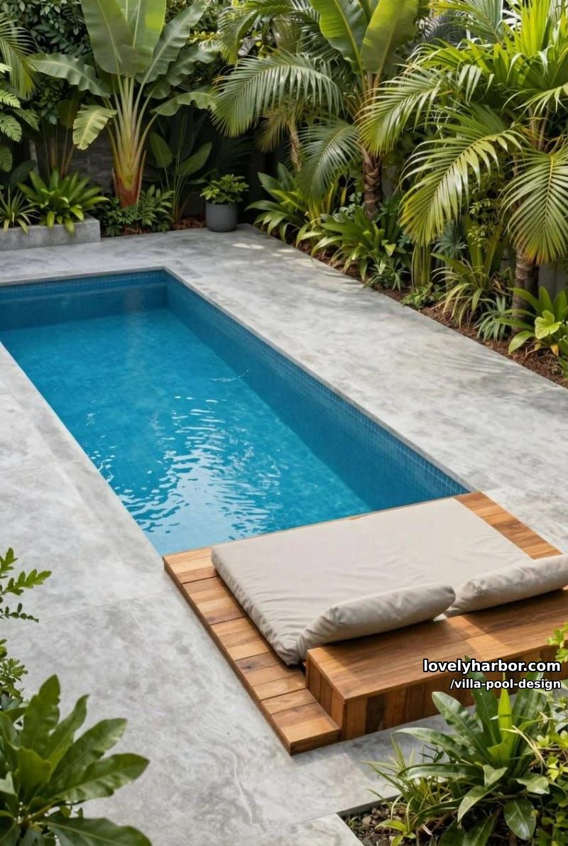 outdoor pool with gray concrete deck, wooden platform, plush loungers, and tropical plants. 1