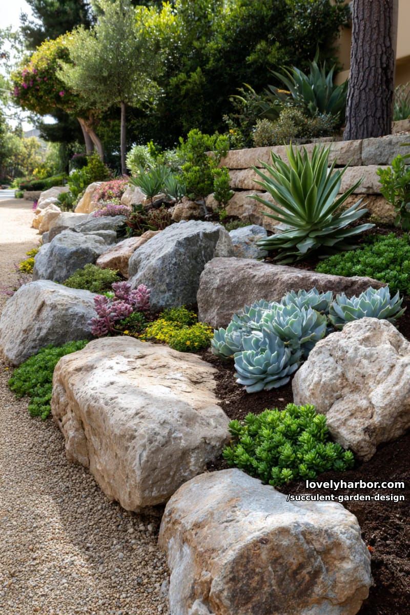 outdoor rock garden with grouped succulents, stones, and ground cover. 1