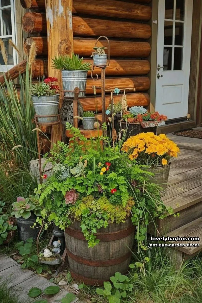 20 Antique Garden Decor Ideas for an Extraordinary Look 13 outdoor scene with upcycled metal planters, barrels, and rustic wood textures. 1