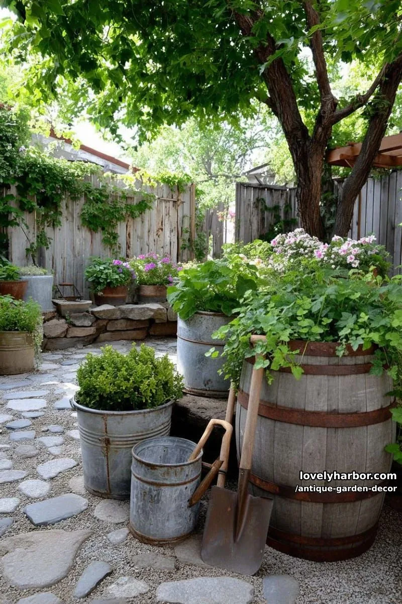 20 Antique Garden Decor Ideas for an Extraordinary Look 14 outdoor scene with upcycled metal planters, barrels, and rustic wood textures. 1