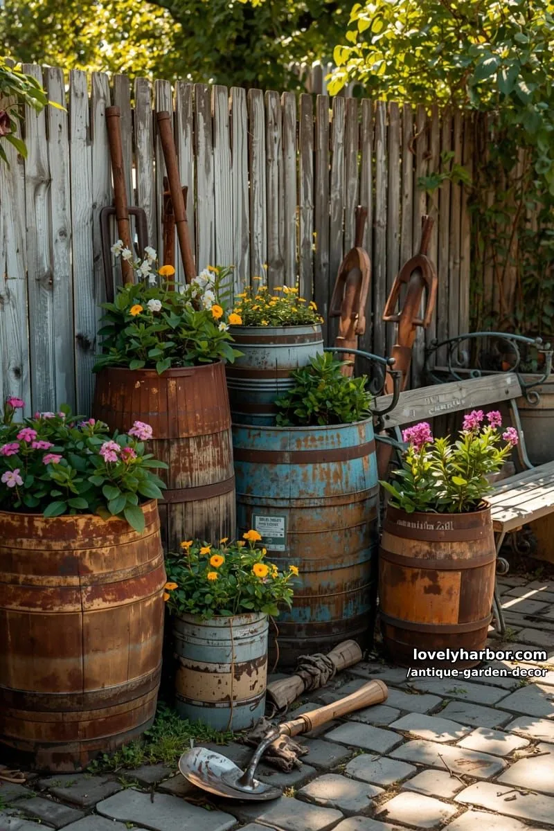 20 Antique Garden Decor Ideas for an Extraordinary Look 15 outdoor scene with upcycled metal planters, barrels, and rustic wood textures. 1