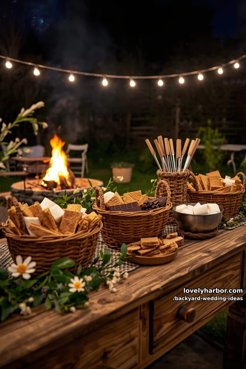 outdoor s'mores bar with baskets of treats and warm string lights. 1