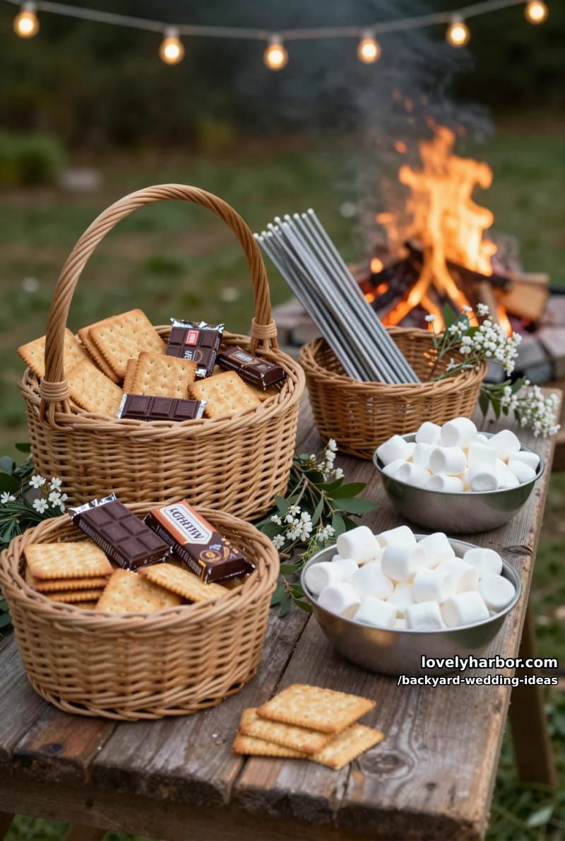 outdoor s'mores bar with baskets of treats and warm string lights. 1