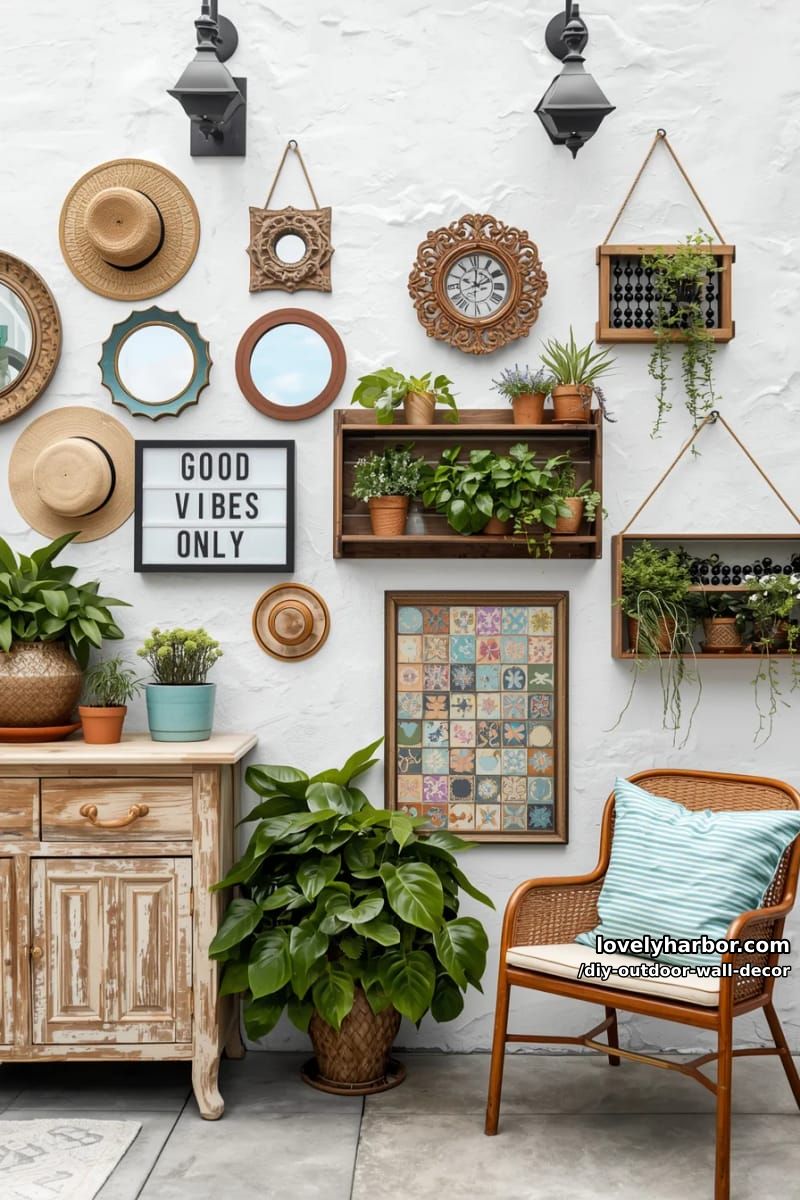 outdoor wall art collage with mirrors, shelves, planters, and decorative accents 1