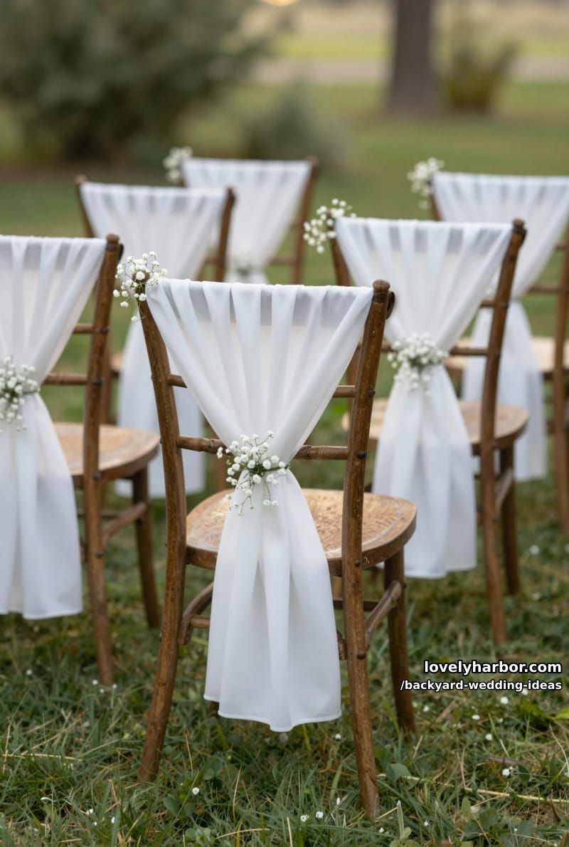 outdoor wedding chairs with white fabric and baby's breath flowers. 1