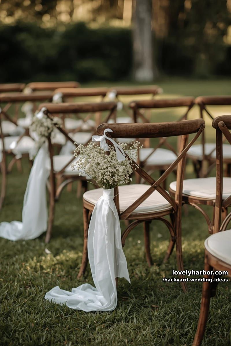outdoor wedding chairs with white fabric and baby's breath flowers. 1