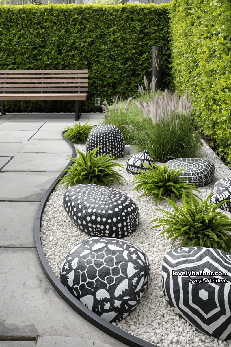 painted black and white patterned stones in a modern garden landscape. 1