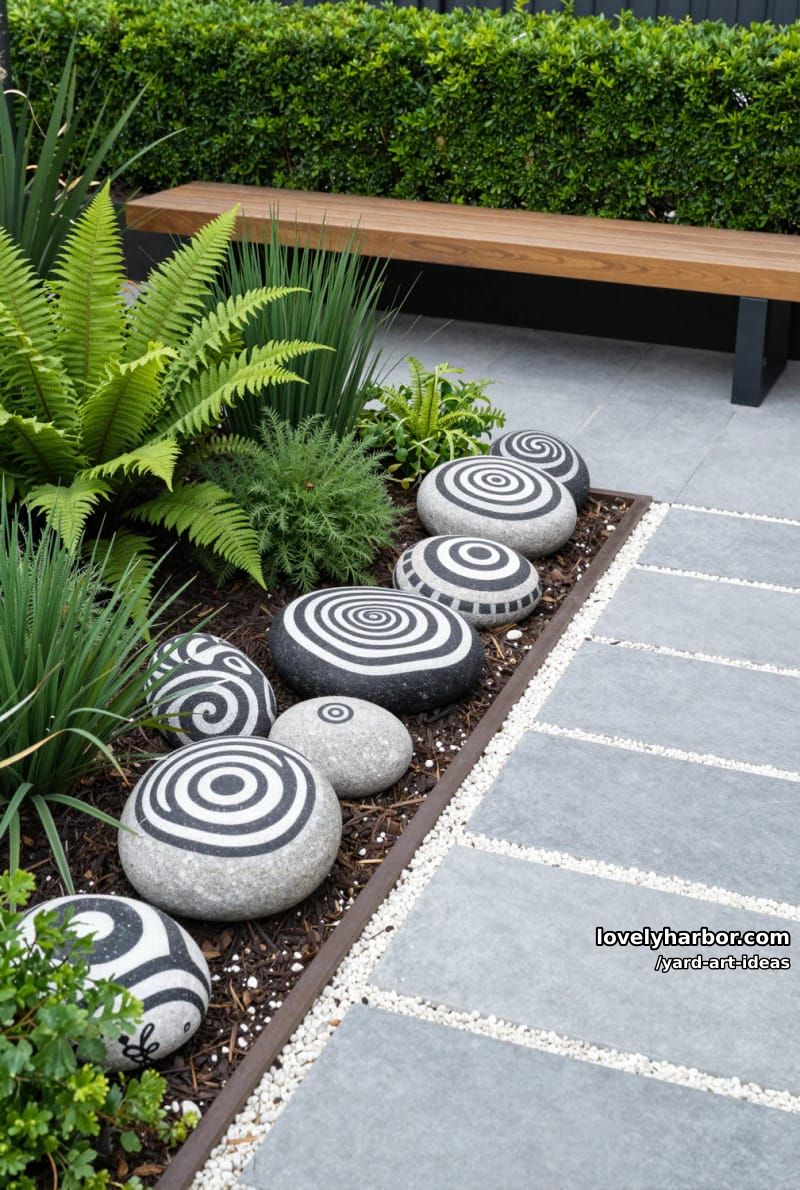 painted black and white patterned stones in a modern garden landscape. 1
