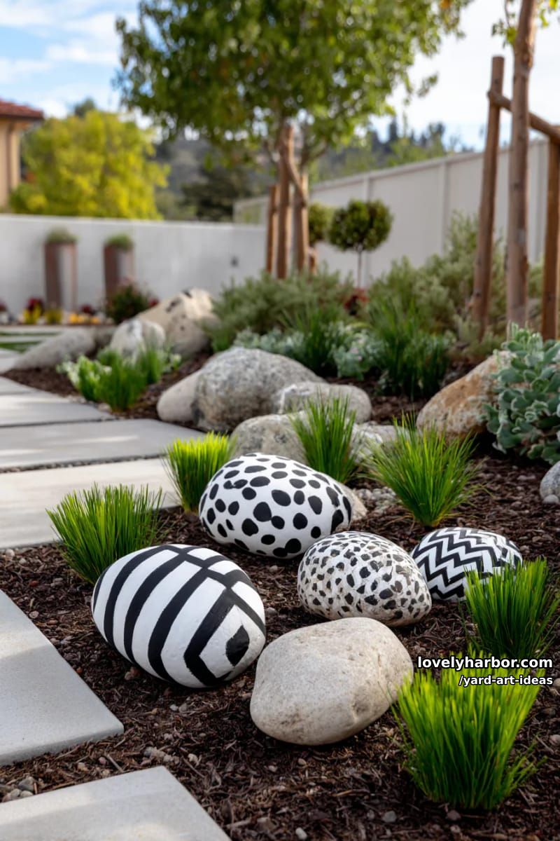 painted black and white patterned stones in a modern garden landscape. 1