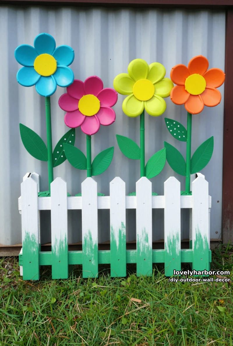 painted pallet fence with handmade plastic tray flowers for playful garden décor 1