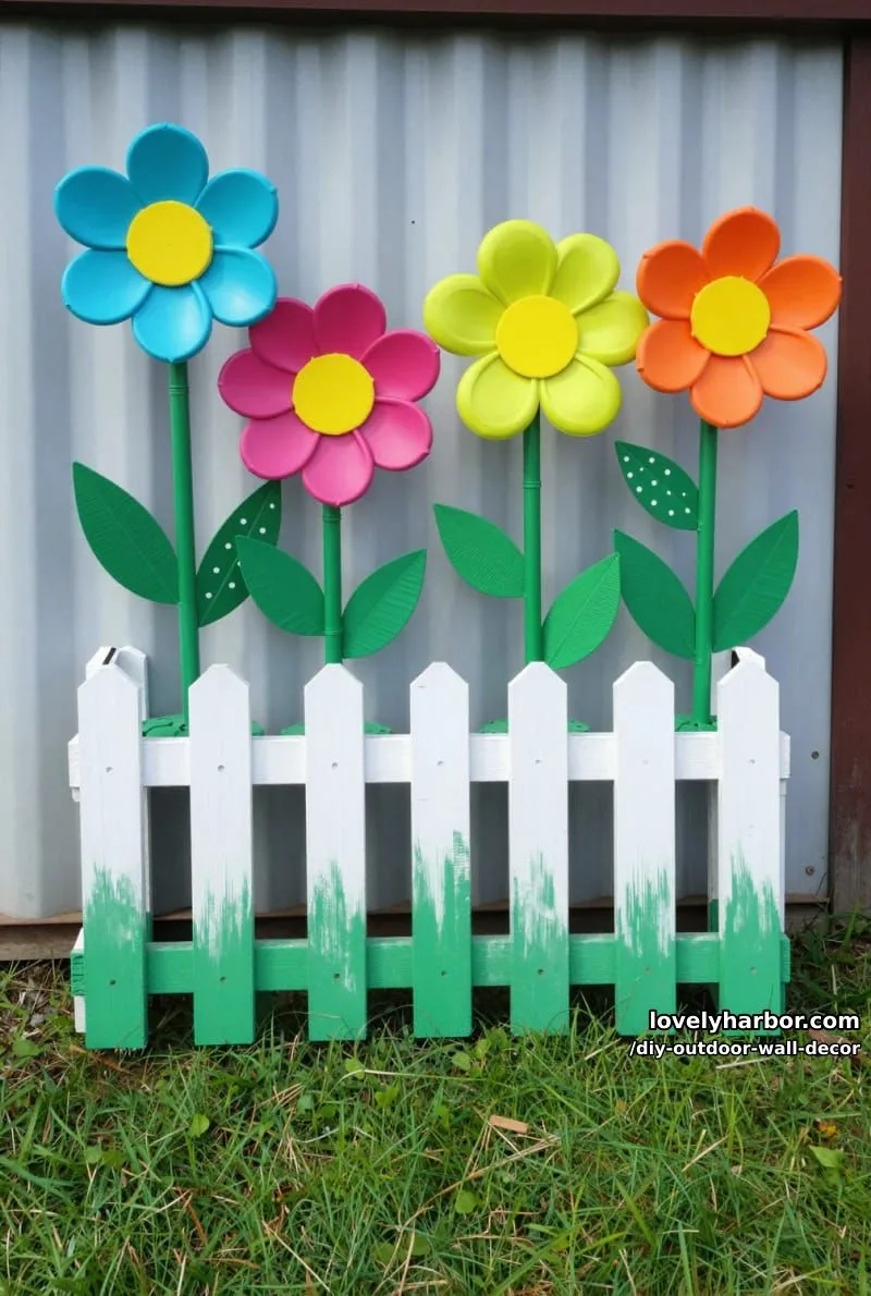 20 Easy DIY Outdoor Wall Decor Ideas You'll Love 23 painted pallet fence with handmade plastic tray flowers for playful garden décor 1