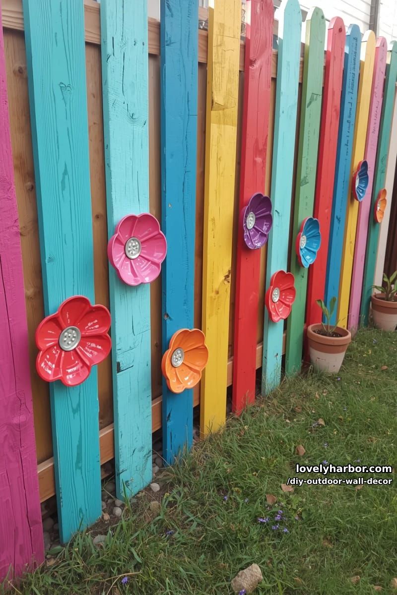 painted pallet fence with handmade plastic tray flowers for playful garden décor 1