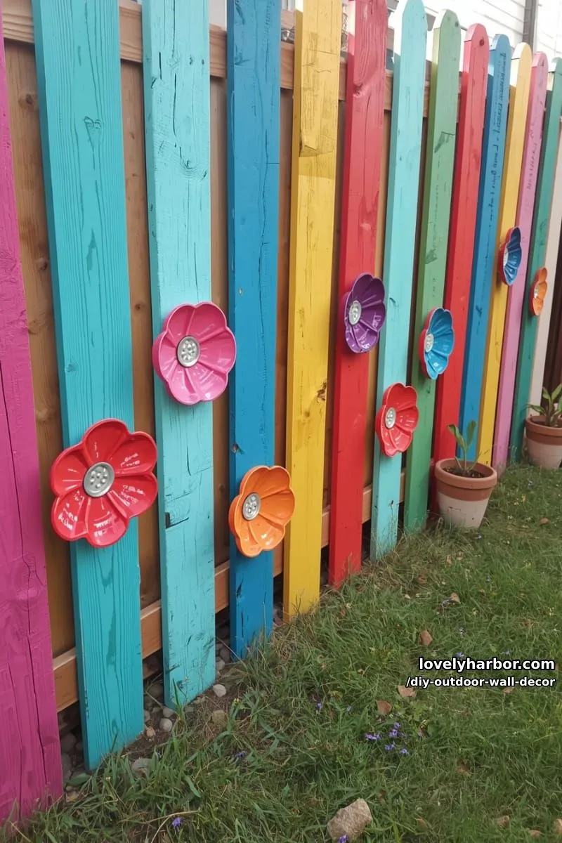 20 Easy DIY Outdoor Wall Decor Ideas You'll Love 24 painted pallet fence with handmade plastic tray flowers for playful garden décor 1