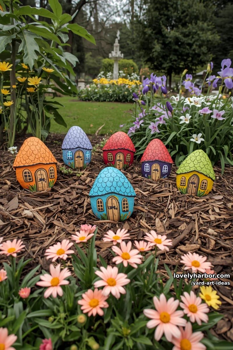 painted rock village houses among flowers for a fairy-tale garden scene. 1