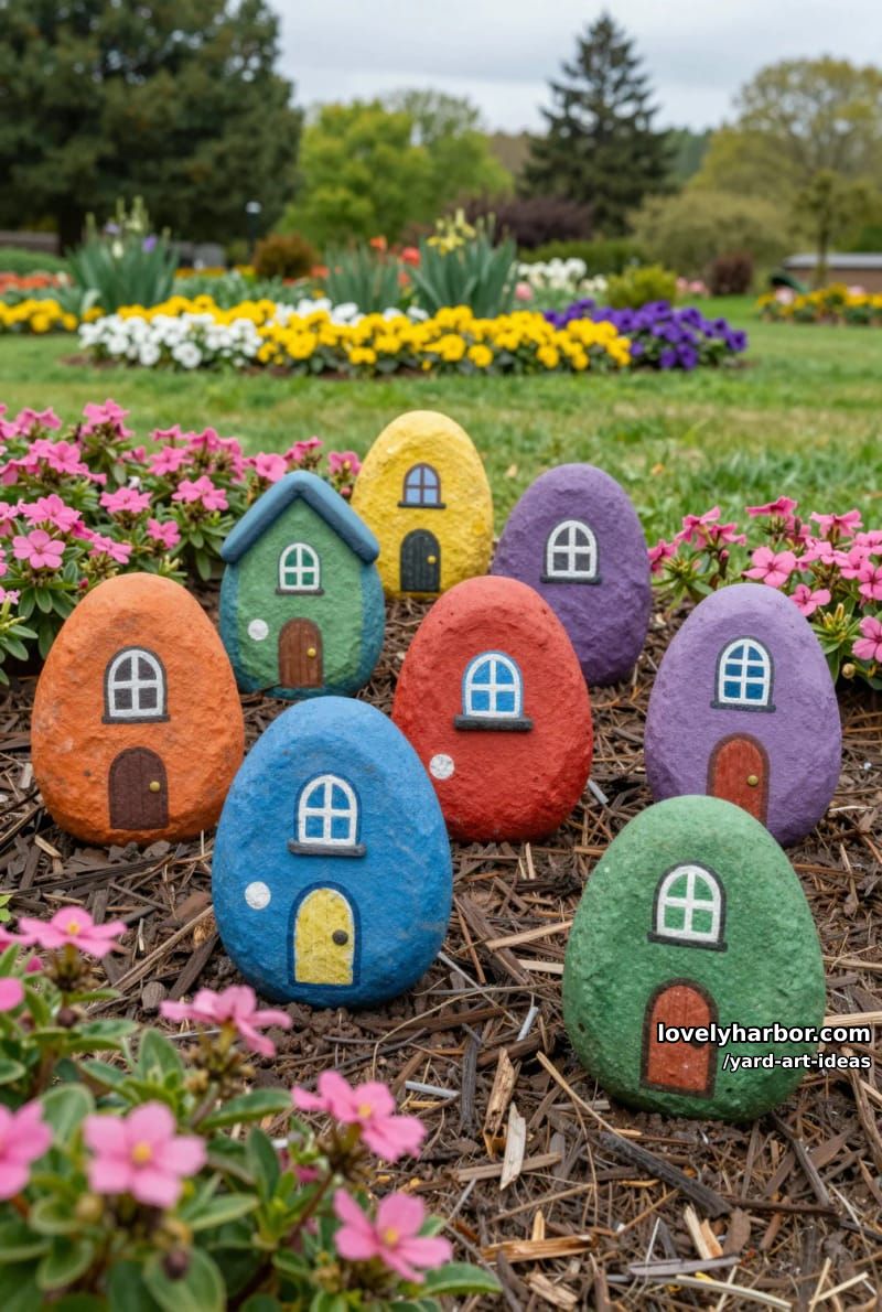 painted rock village houses among flowers for a fairy-tale garden scene. 1