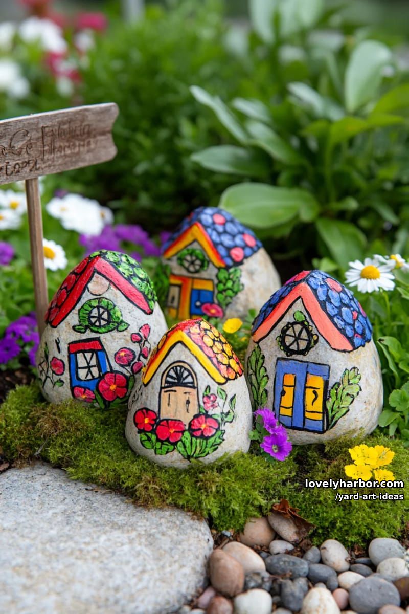 painted rock village houses among flowers for a fairy-tale garden scene. 1